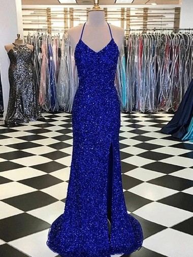 Sleeveless V-Neck Velvet Sequin Royal Blue Sweep Train Prom Dress / Evening Gown Adelaide