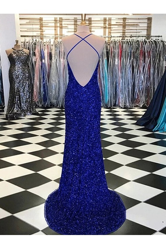 Sleeveless V-Neck Velvet Sequin Royal Blue Sweep Train Prom Dress / Evening Gown Adelaide