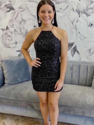 Sleeveless Halter Neck Velvet Sequin Black Short Prom Dress Adelaide