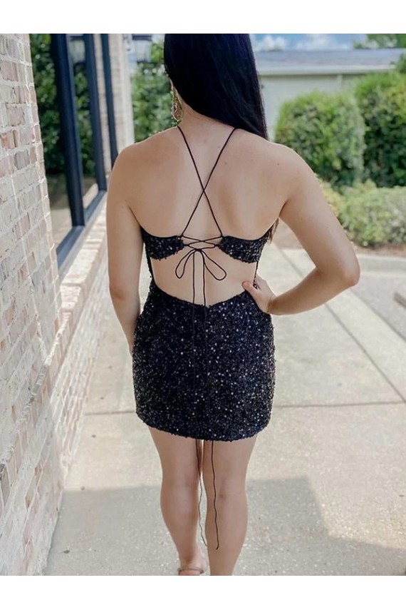 Sleeveless Halter Neck Velvet Sequin Black Short Prom Dress Adelaide