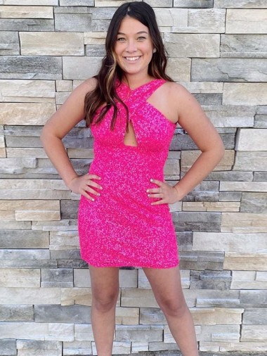 Sleeveless Halter Neck Velvet Sequin Fuchsia Short Homecoming Dress Adelaide