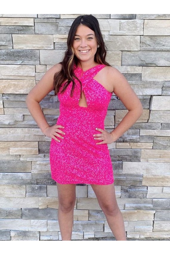Sleeveless Halter Neck Velvet Sequin Fuchsia Short Homecoming Dress Adelaide