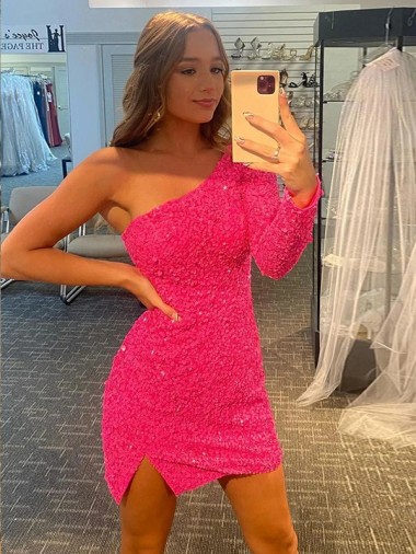 Long Sleeves One Shoulder Velvet Sequin Shown Color Short Prom Dress / Evening Dress Adelaide