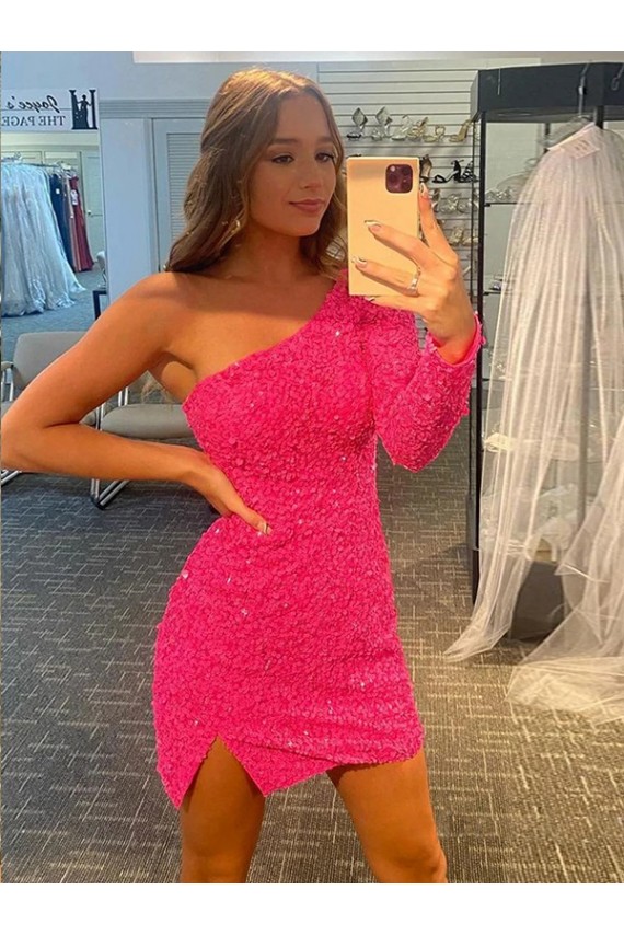 Long Sleeves One Shoulder Velvet Sequin Shown Color Short Prom Dress / Evening Dress Adelaide