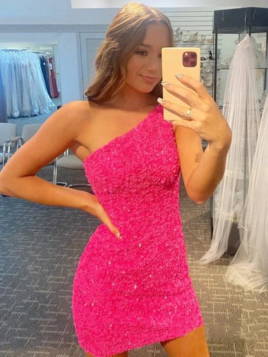 Sleeveless One Shoulder Velvet Sequin Shown Color Short Evening Gown Adelaide