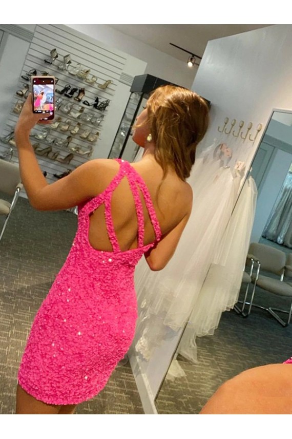 Sleeveless One Shoulder Velvet Sequin Shown Color Short Evening Gown Adelaide