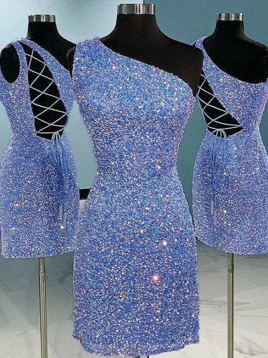 Sleeveless One Shoulder Velvet Sequin Shown Color Short Prom Dress Adelaide