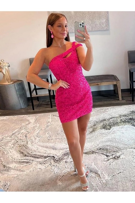 Sleeveless One Shoulder Velvet Sequin Fuchsia Short Prom Dresses Adelaide