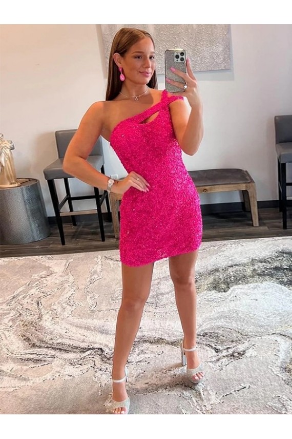 Sleeveless One Shoulder Velvet Sequin Fuchsia Short Prom Dresses Adelaide