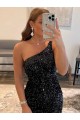 Sleeveless One Shoulder Velvet Sequin Black Short Prom Dress / Evening Gown Adelaide