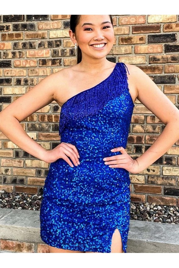 Sleeveless One Shoulder Velvet Sequin Royal Blue Short Homecoming Dresses Adelaide
