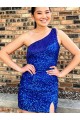 Sleeveless One Shoulder Velvet Sequin Royal Blue Short Homecoming Dresses Adelaide
