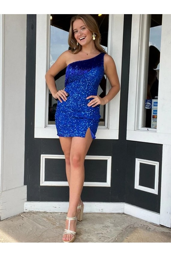 Sleeveless One Shoulder Velvet Sequin Royal Blue Short Homecoming Dresses Adelaide
