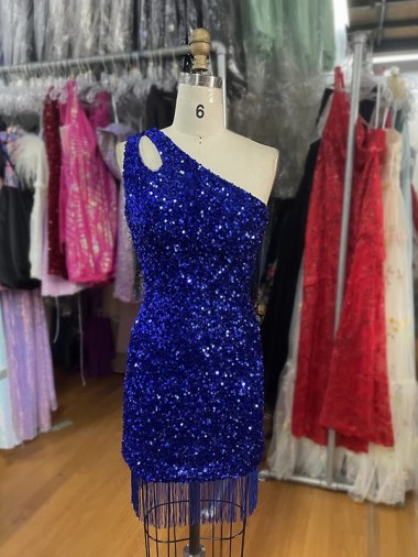 Sleeveless One Shoulder Velvet Sequins Royal Blue Short Homecoming Dress Adelaide