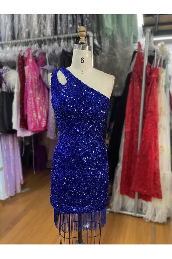 Sleeveless One Shoulder Velvet Sequins Royal Blue Short Homecoming Dress Adelaide