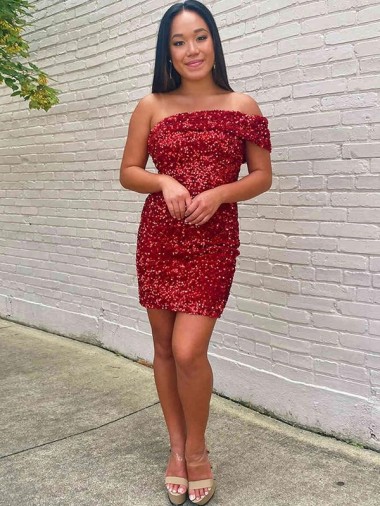Sleeveless One Shoulder Velvet Sequin Burgundy Short Prom Dress Adelaide
