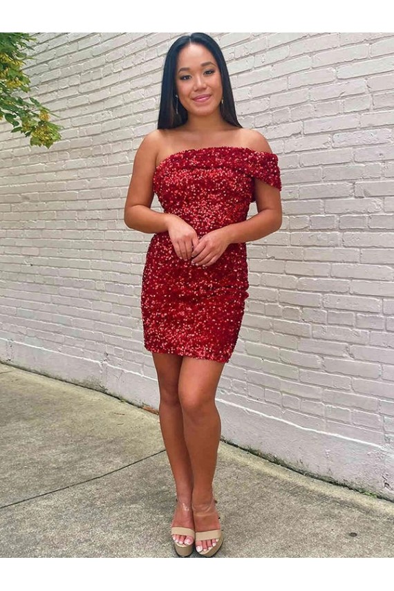 Sleeveless One Shoulder Velvet Sequin Burgundy Short Prom Dress Adelaide