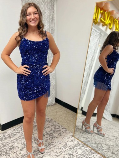 Sleeveless Spaghetti Straps Velvet Sequin Royal Blue Short Prom Dress Adelaide