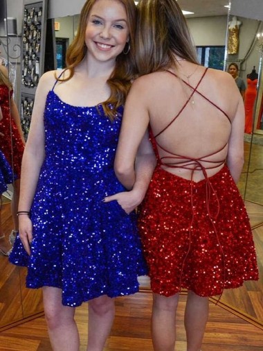 Sleeveless Spaghetti Straps Velvet Sequin Royal Blue A-Line Short Prom Dress Adelaide