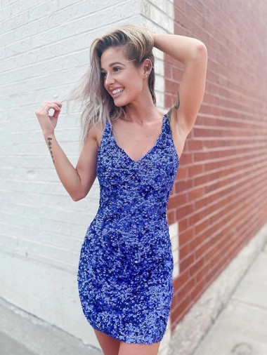 Sleeveless V-Neck Velvet Sequin Shown Color Short Evening Dress Adelaide