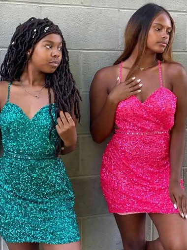 Sleeveless V-Neck Velvet Sequin Dark Green Short Prom Dress Adelaide