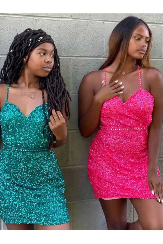 Sleeveless V-Neck Velvet Sequin Dark Green Short Prom Dress Adelaide