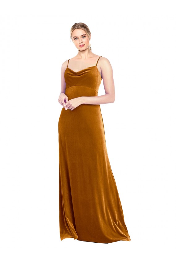 Sleeveless Cowl Neck Stretch Velvet Gold Long Prom Dress / Bridesmaid Dress Adelaide