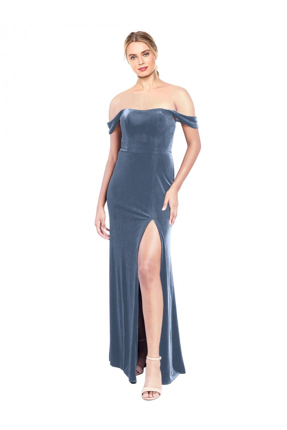 Sleeveless Strapless Stretch Velvet Dusty Blue Long Prom Dress / Bridesmaid Dress Adelaide