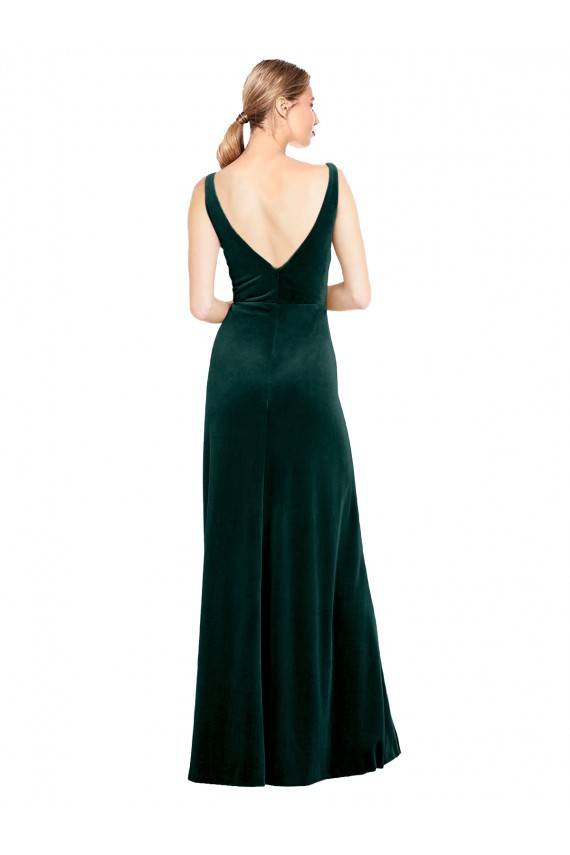 Sleeveless V-Neck Stretch Velvet Dark Green Long Black Tie Evening Dress / Prom Dress / Bridesmaid Dress Adelaide