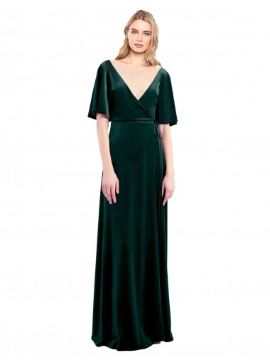 Flutter Sleeves V-Neck Stretch Velvet Dark Green Long Prom Dress / Bridesmaid Dress Adelaide