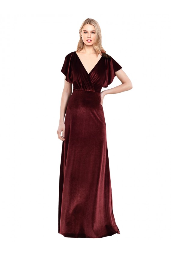 Flutter Sleeves V-Neck Stretch Velvet Burgundy Long Prom Dress / Bridesmaid Dress Adelaide