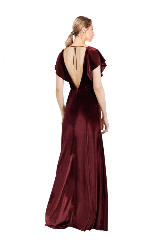 Flutter Sleeves V-Neck Stretch Velvet Burgundy Long Prom Dress / Bridesmaid Dress Adelaide