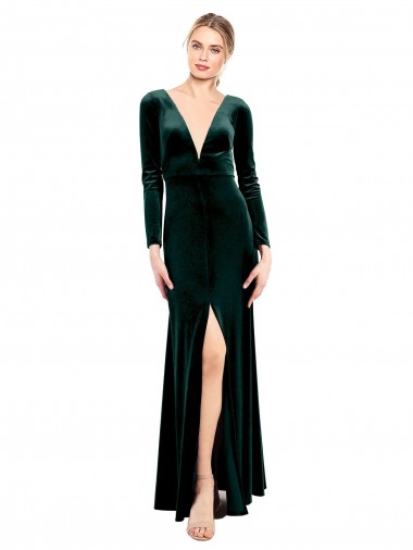 Long Sleeves V-Neck Stretch Velvet Dark Green Long Black Tie Prom Dress / Bridesmaid Dress Adelaide