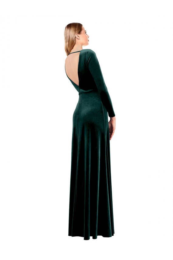Long Sleeves V-Neck Stretch Velvet Dark Green Long Black Tie Prom Dress / Bridesmaid Dress Adelaide