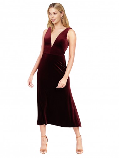 Sleeveless V-Neck Stretch Velvet Burgundy Midi Length Prom Dress / Bridesmaid Dress Adelaide