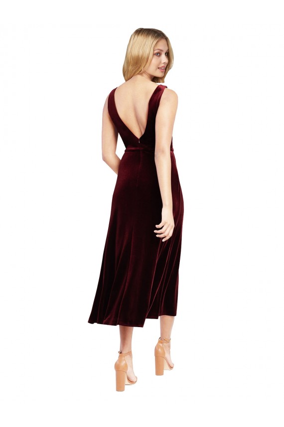Sleeveless V-Neck Stretch Velvet Burgundy Midi Length Prom Dress / Bridesmaid Dress Adelaide