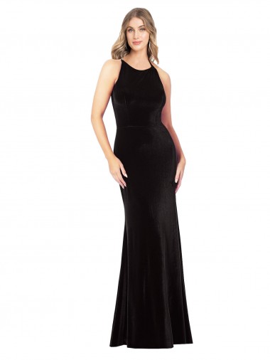 Sleeveless Jewel Neck Stretch Velvet Black Long Formal Evening Gown / Prom Dress / Bridesmaid Dress Adelaide