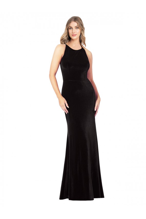 Sleeveless Jewel Neck Stretch Velvet Black Long Formal Evening Gown / Prom Dress / Bridesmaid Dress Adelaide