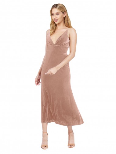 Sleeveless V-Neck Stretch Velvet Pink Midi Length Prom Dress / Bridesmaid Dress Adelaide