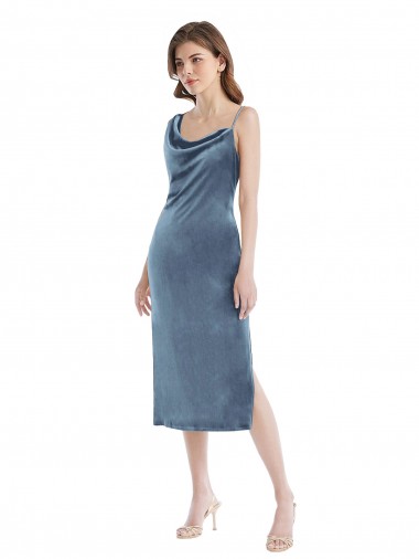 Sleeveless One Shoulder Stretch Velvet Dusty Blue Long Semi Formal Evening Dress / Prom Dress / Bridesmaid Dress Adelaide