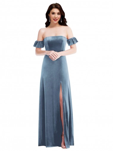 Ruffle Sleeves Off the Shoulder Stretch Velvet Dusty Blue Long Formal Dress / Bridesmaid Dress Adelaide