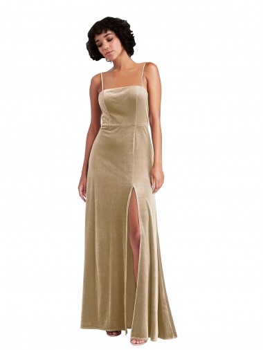 Sleeveless Square Neck Stretch Velvet Champagne Long Formal Evening Gown / Prom Dress / Bridesmaid Dress Adelaide