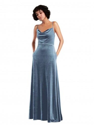 Sleeveless Cowl Neck Stretch Velvet Dusty Blue Long Semi Formal Evening Dress / Prom Dress / Bridesmaid Dress Adelaide