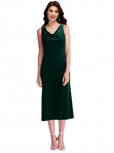 Sleeveless Cowl Neck Stretch Velvet Dark Green Midi Length Evening Gown / Prom Dress / Bridesmaid Dress Adelaide