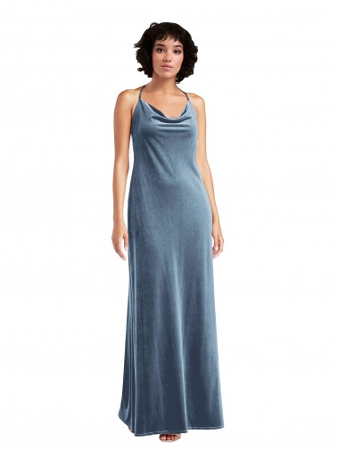 Sleeveless Cowl Neck Stretch Velvet Dusty Blue Long Bridesmaid Dress / Evening Dress Adelaide