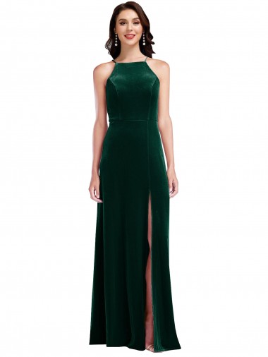 Sleeveless High Neck Stretch Velvet Dark Green Long Semi Formal Evening Dress / Prom Dress / Bridesmaid Dress Adelaide