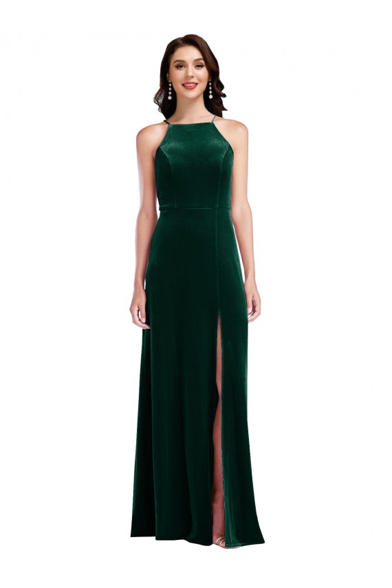 Sleeveless High Neck Stretch Velvet Dark Green Long Semi Formal Evening Dress / Prom Dress / Bridesmaid Dress Adelaide