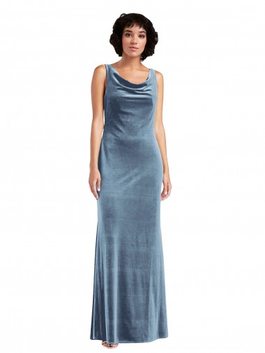 Sleeveless Cowl Neck Stretch Velvet Dusty Blue Long Evening Dress / Bridesmaid Dress Adelaide