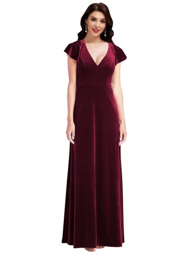 Flutter Sleeves V-Neck Stretch Velvet Burgundy Long Semi Formal Evening Dress / Prom Dress / Bridesmaid Dress Adelaide