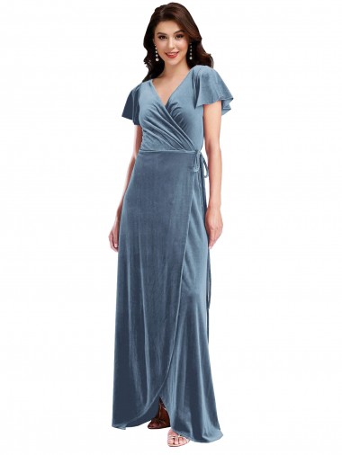 Flutter Sleeves V-Neck Stretch Velvet Dusty Blue Long Black Tie Evening Gown / Prom Dress / Bridesmaid Dress Adelaide